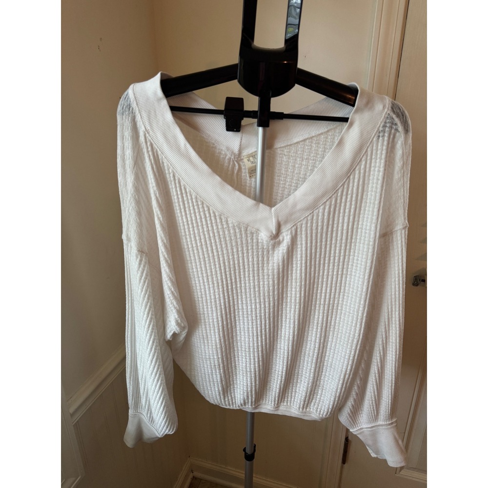 We The Free Free People White Waffle Knit V-Neck Thermal Top Medium